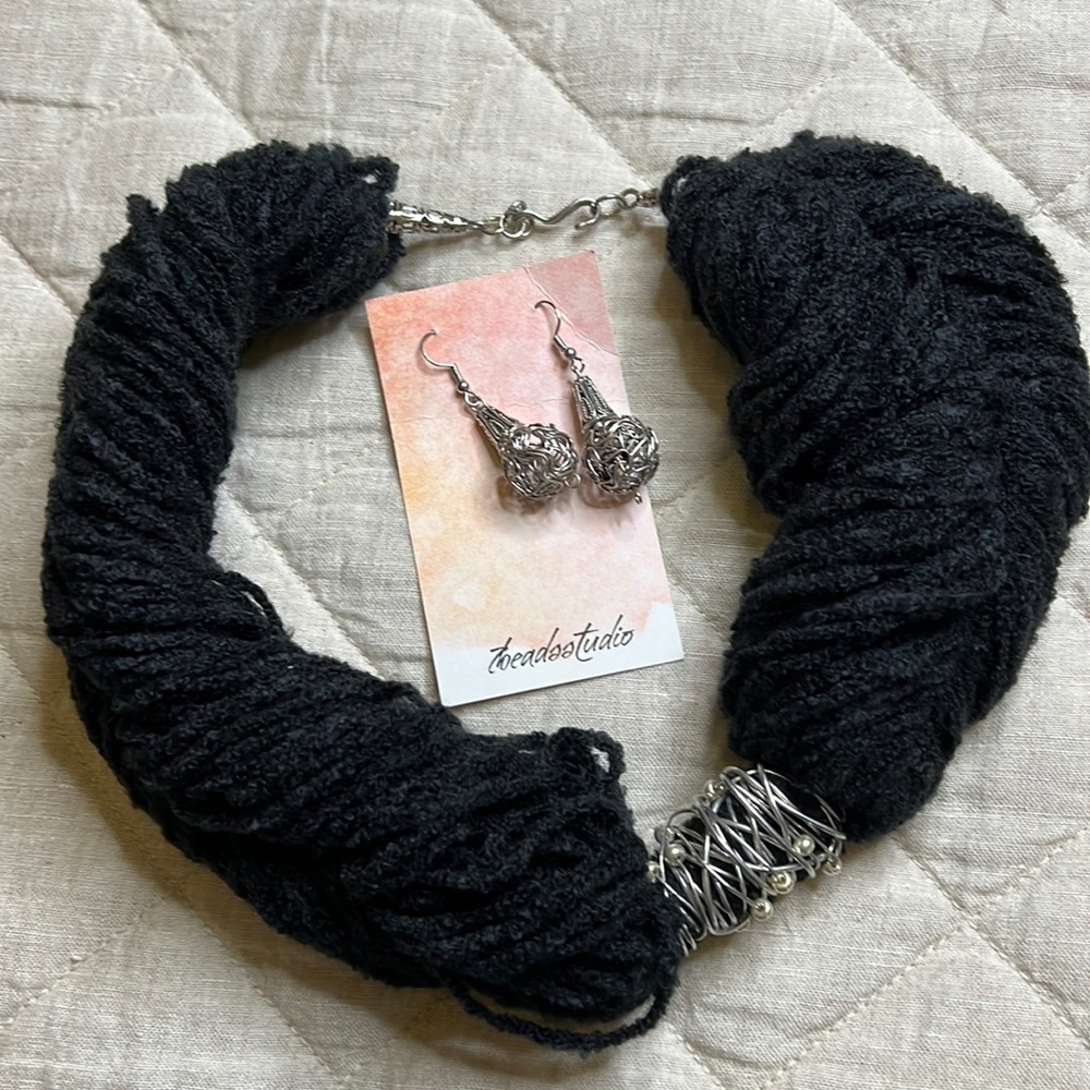 Black Fiber braided necklace with silver wrap and complimentary wire earrings